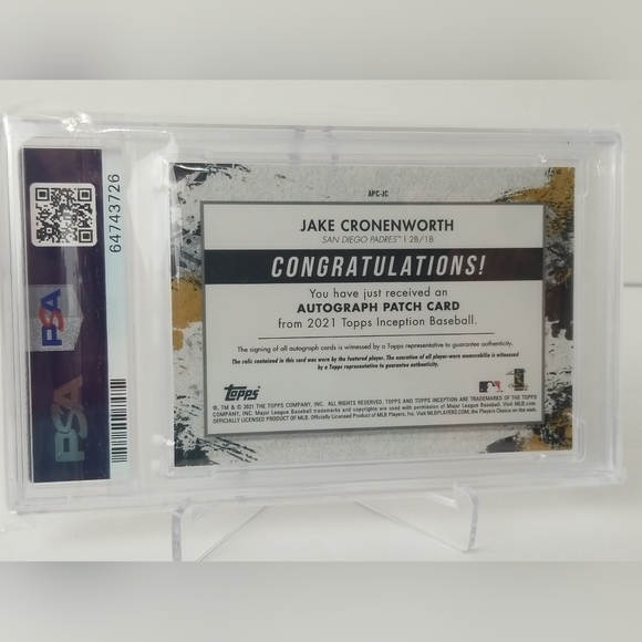 2021 Topp Inception Jake Cronenworth RC Auto/Patch Orange/10-PSA 9/Auto 10-POP 1 - Picture 3 of 3